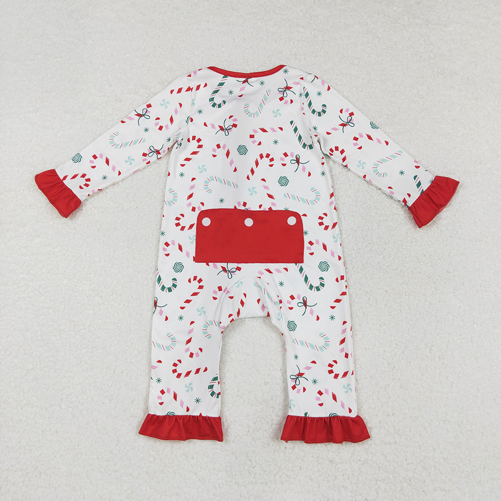 Baby Girls Christmas Candy Cane Zip Ruffle Rompers