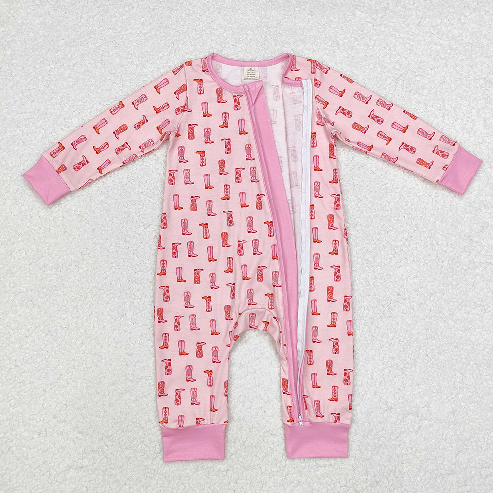 Baby Infant Girls Western Pink Boots Bamboo Zip Rompers