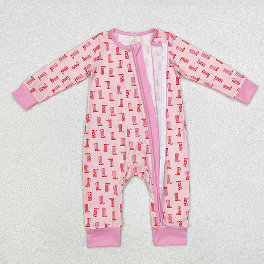 Baby Infant Girls Western Pink Boots Bamboo Zip Rompers