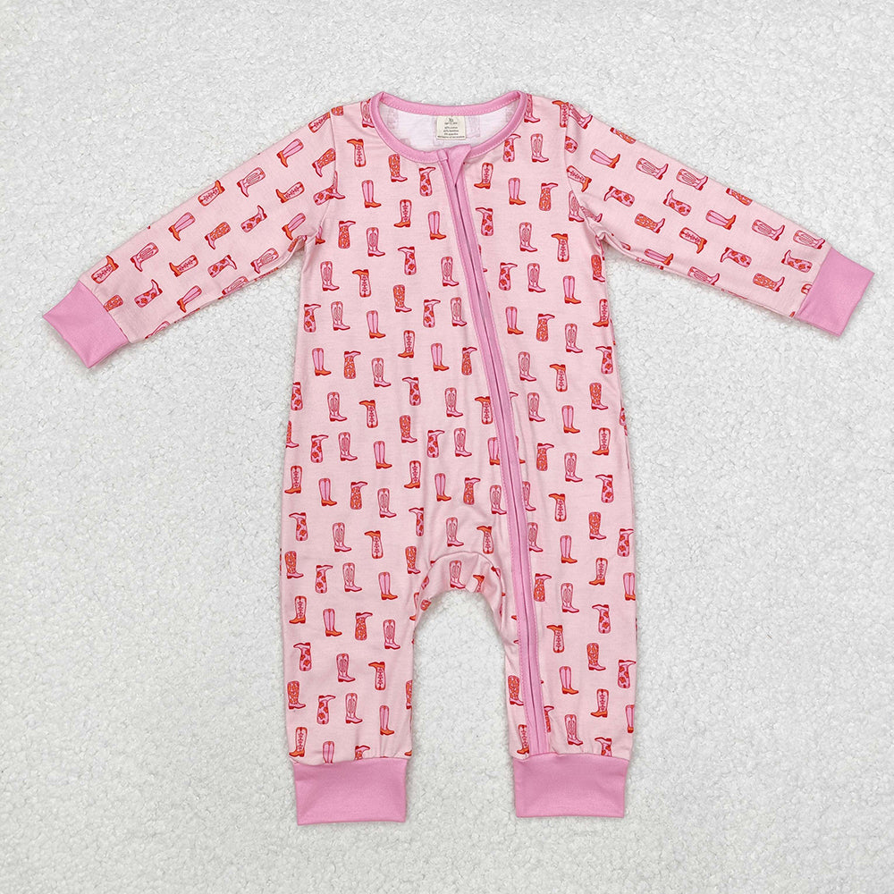 Baby Infant Girls Western Pink Boots Bamboo Zip Rompers