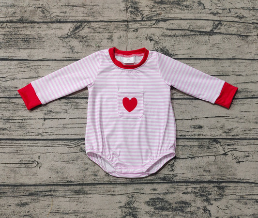 Baby Infant Girls Pink Stripes Heart Pocket Long Sleeve Rompers