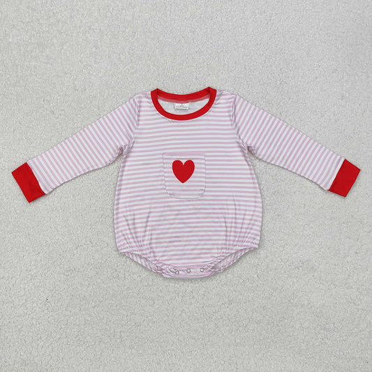 Baby Infant Girls Pink Stripes Heart Pocket Long Sleeve Rompers