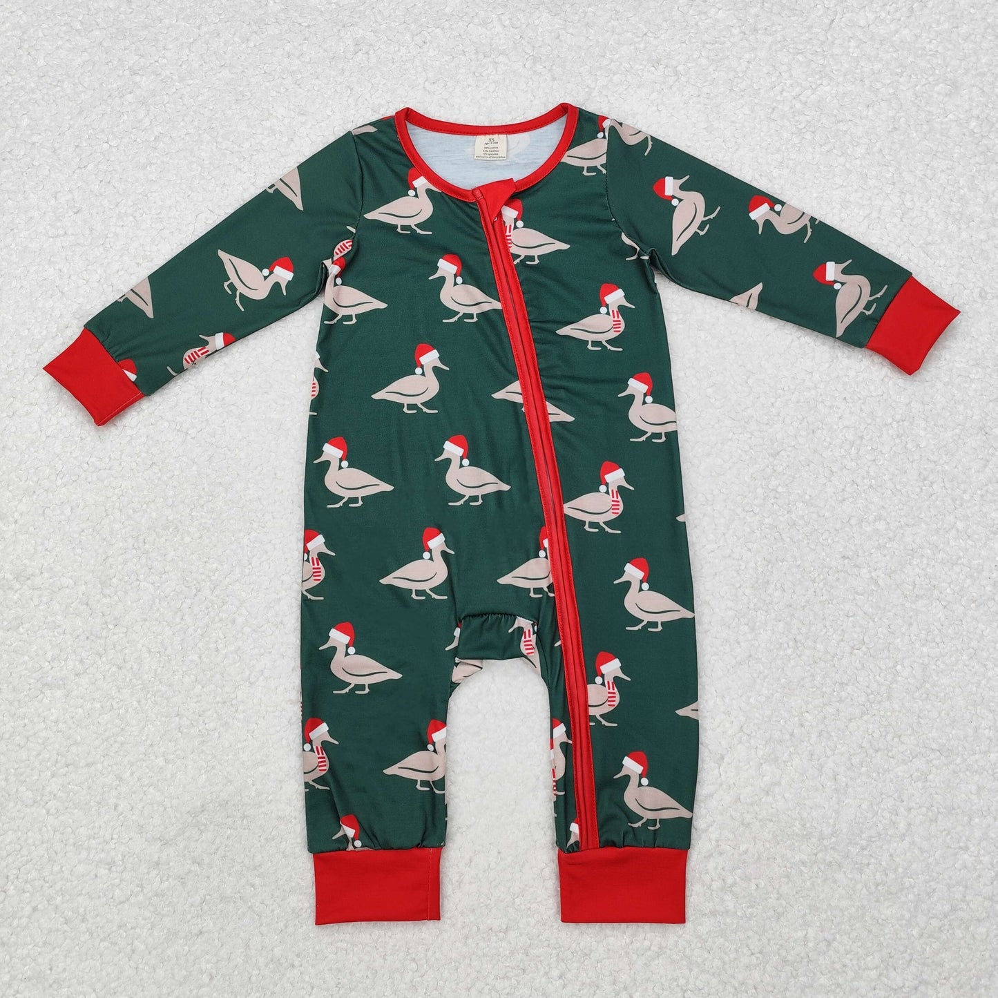 Sibling Baby Infant Boys Christmas Ducks Santa Embroidery Zip Rompers
