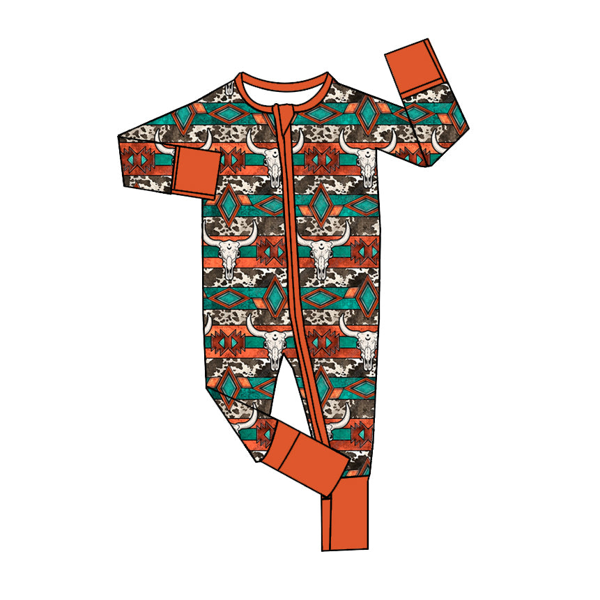 Baby Infant Boys Cow Skull Western Zip Rompers preorder