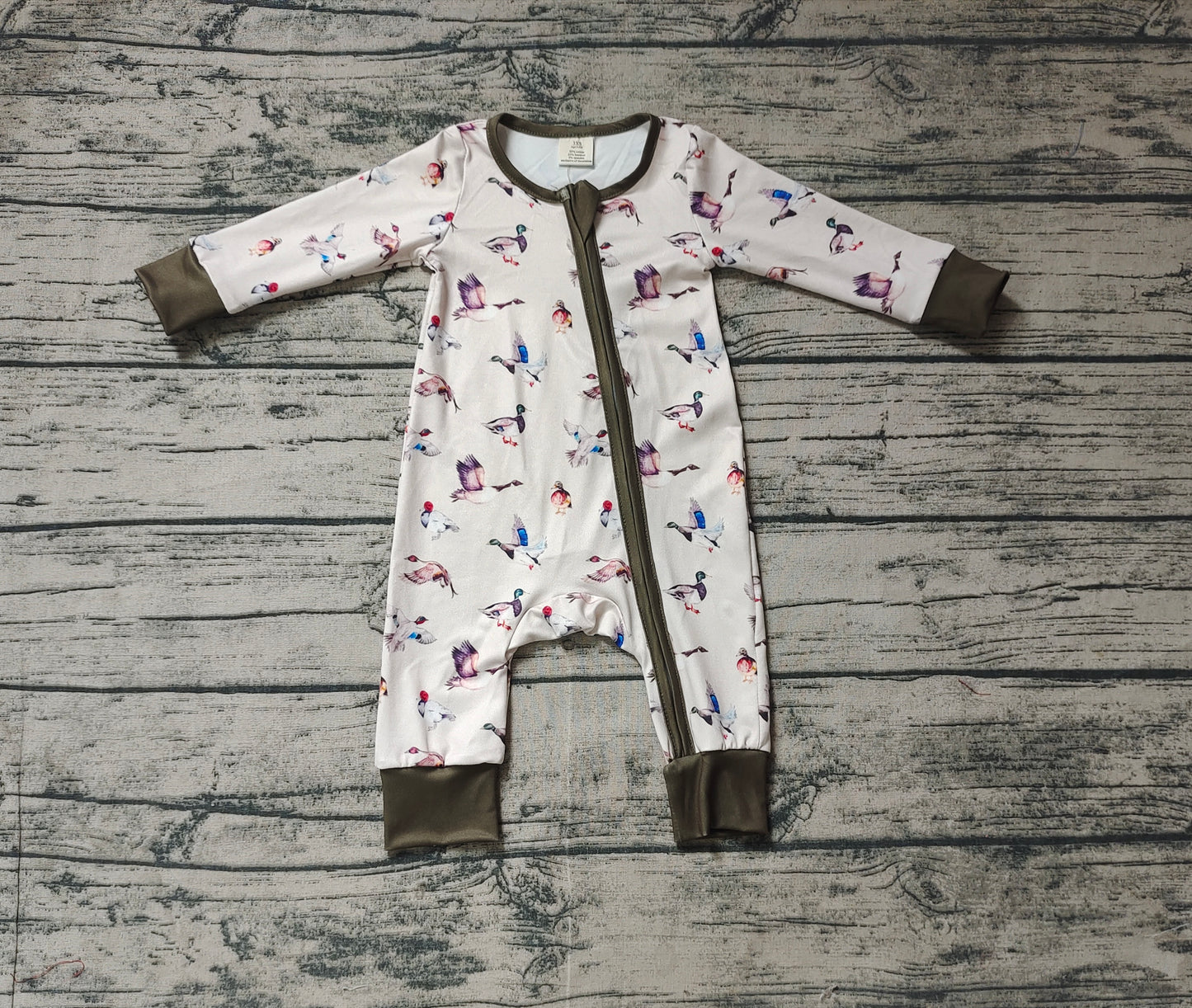 Baby Infant Boys Grey Fall Ducks Bamboo Hunting Zip Rompers