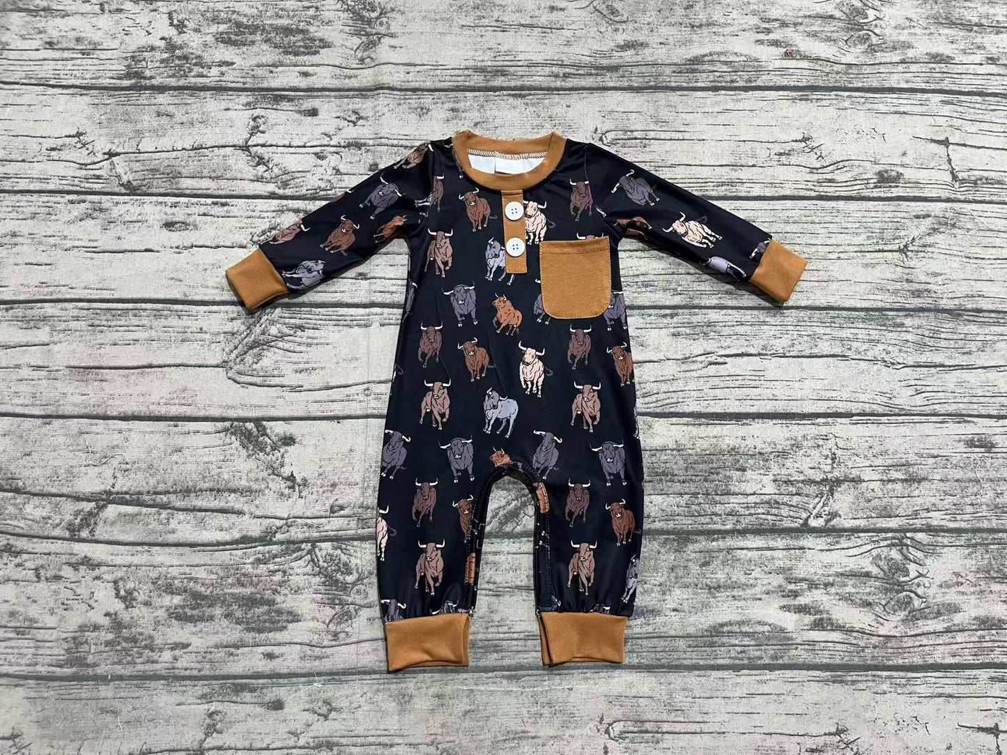 Baby Infant Boys Black Cow Western Long Sleeve Rompers