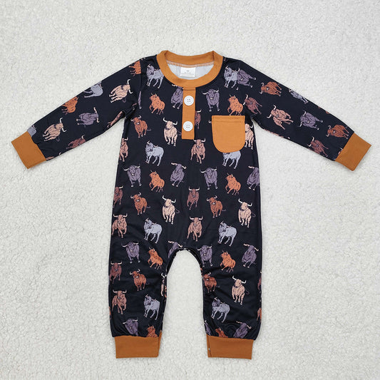 Baby Infant Boys Black Cow Western Long Sleeve Rompers