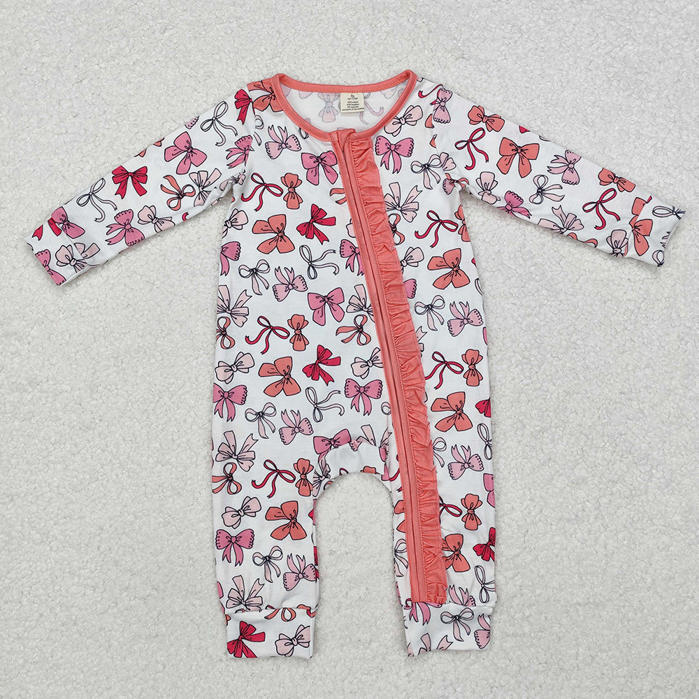 Baby Infant Girls Valentines Pink Bows Zip Bamboo Rompers