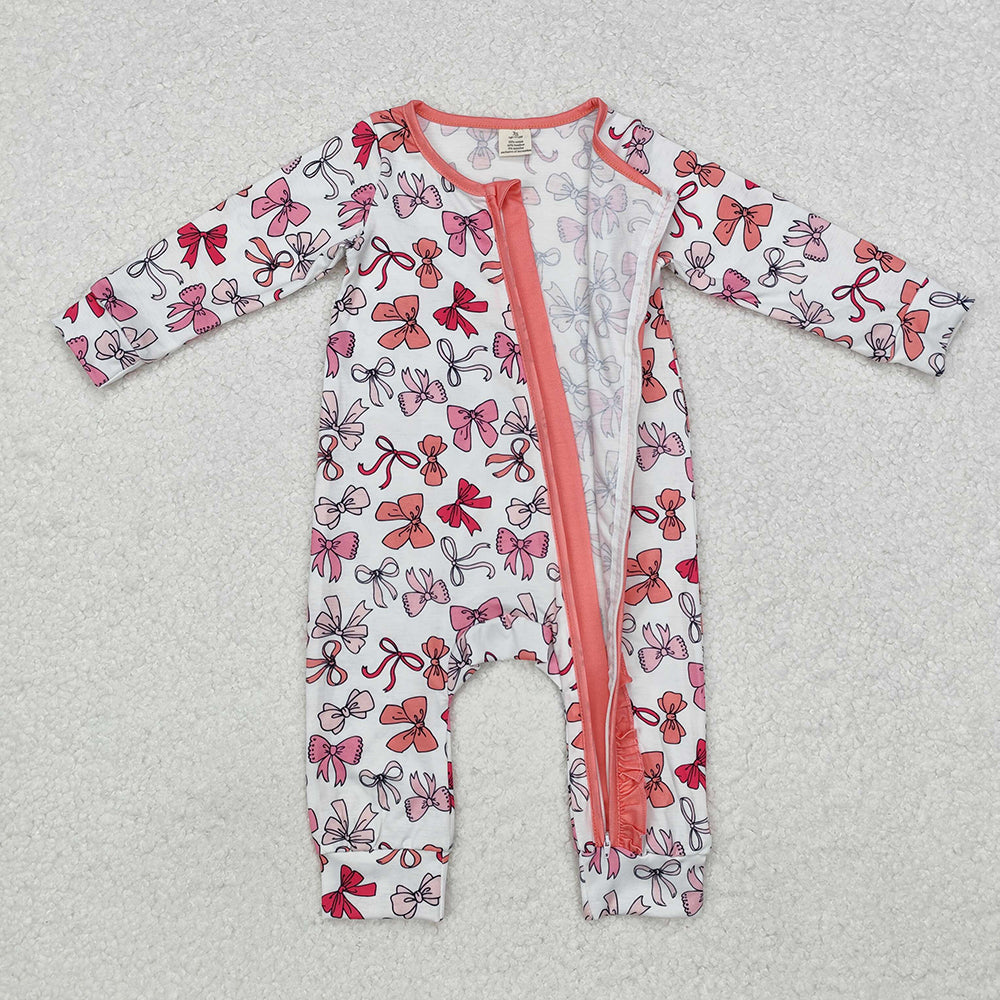 Baby Infant Girls Valentines Pink Bows Zip Bamboo Rompers