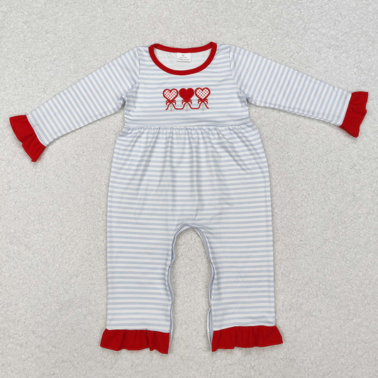 Baby Infant Girls Valentines Grey Stripes Hearts Rompers