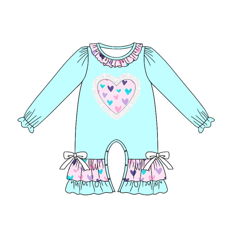 Baby Infant Girls Aqua Hearts Bow Rompers preorder