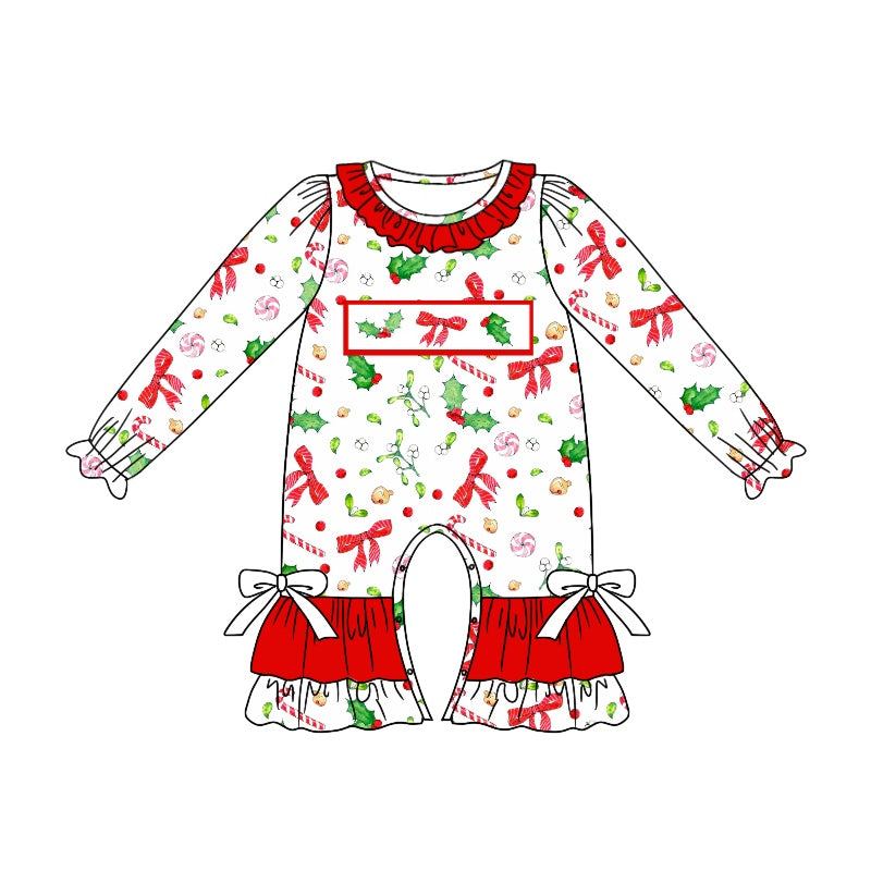 Baby Infant Girls Christmas Bows Holly Long Sleeve Rompers preorder