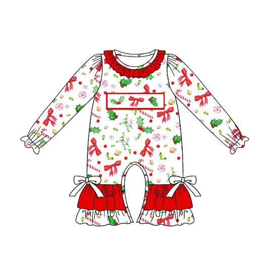 Baby Infant Girls Christmas Bows Holly Long Sleeve Rompers preorder