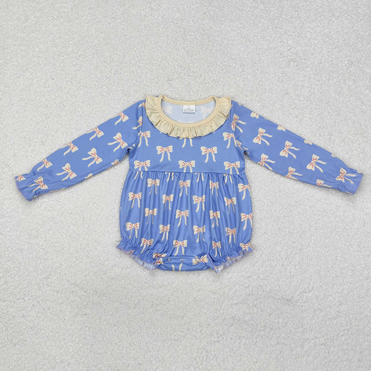 Baby Infant Girls Blue Bows Ruffle Long Sleeve Rompers