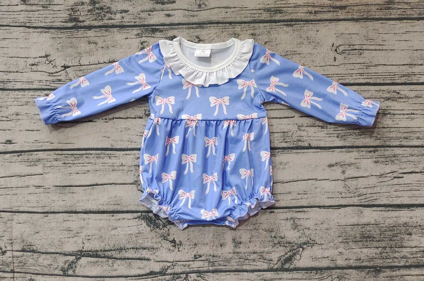 Baby Infant Girls Blue Bows Ruffle Long Sleeve Rompers