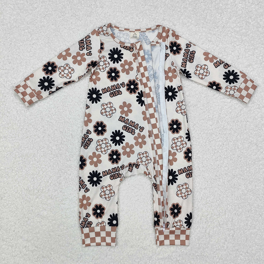 Baby Infant Girls Mama's Girl Flowers Bamboo Zip Rompers