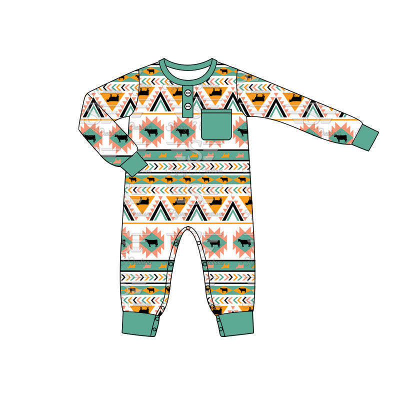 Baby Infant Boys Western Cow Aztec Pocket Rompers preorder