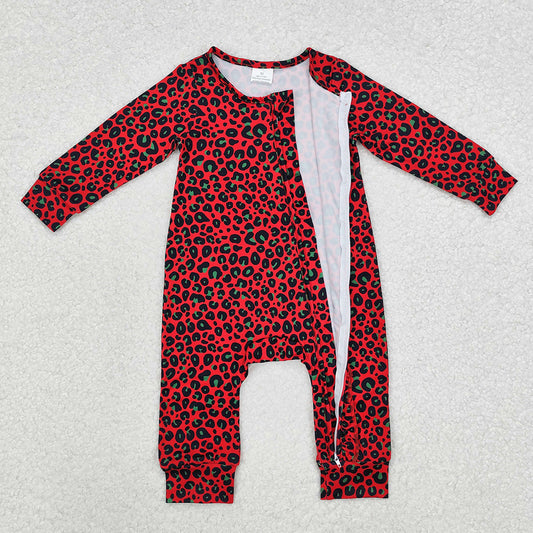 Baby Infant Girls Christmas Red Green Leopard Zip Rompers