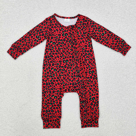 Baby Infant Girls Christmas Red Green Leopard Zip Rompers