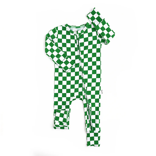 Baby Infant Girls Green Small Checkered Zip Rompers preorder