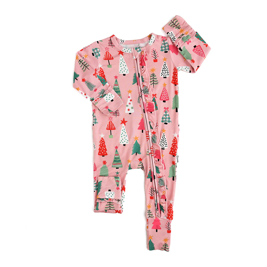 Baby Infant Girls Pink Christmas Trees Zip Rompers preorder