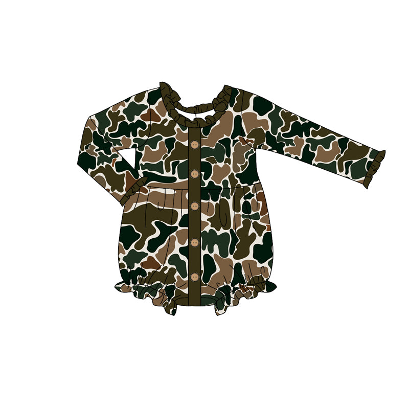 Baby Infant Girls Brown Camo Ruffle Buttons Rompers preorder