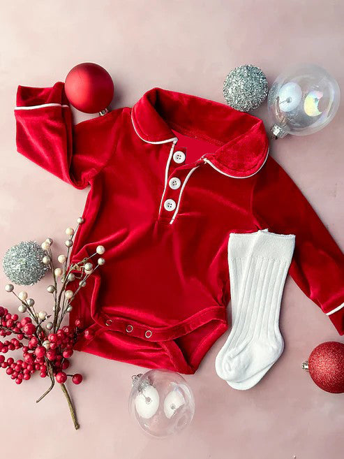 Baby Infant Boys Red Velvet Buttons Long Sleeve Rompers preorder