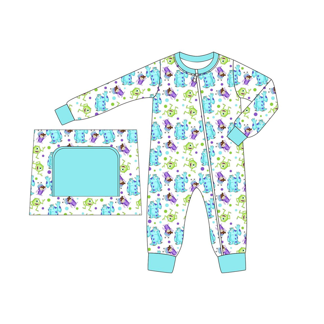 Baby Infant Boys Blue Monster Zip Long Sleeve Rompers preorder