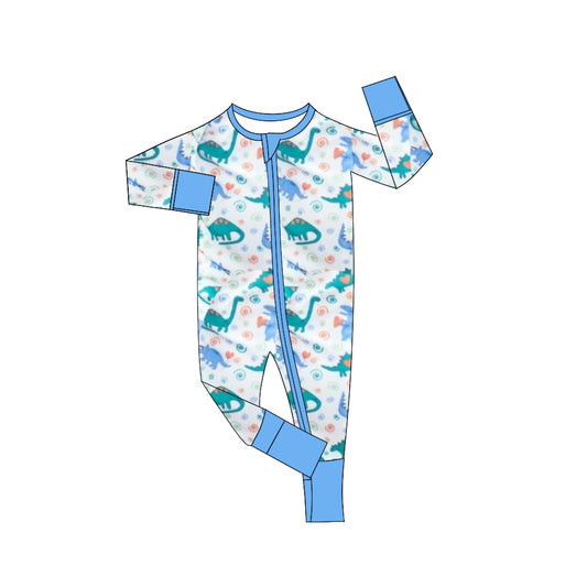 Baby Infant Boys Blue Dinosaurs Zip Long Sleeve Rompers preorder