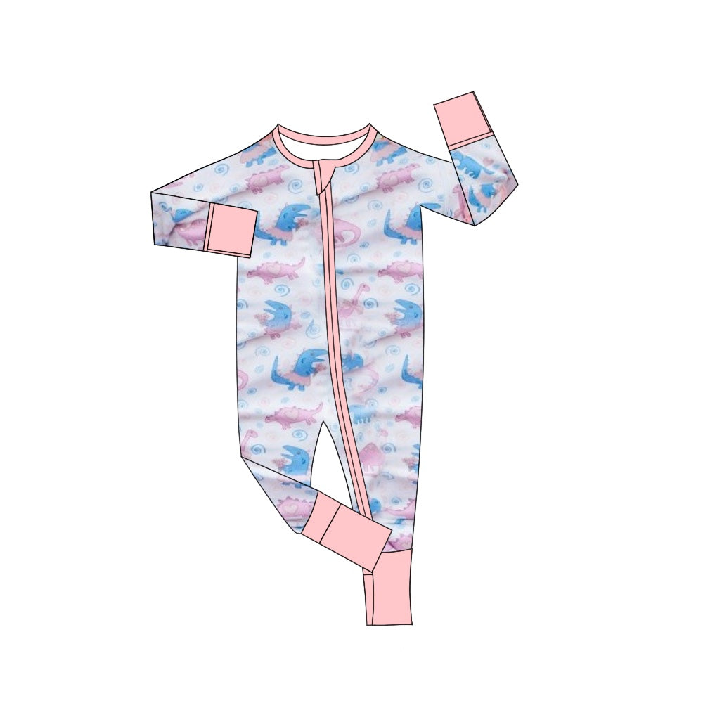 Baby Infant Girls Pink Dinosaurs Zip Long Sleeve Rompers preorder