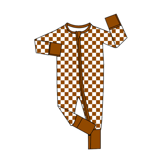 Baby Infant Girls Brown Checkered Zip Long Sleeve Rompers preorder