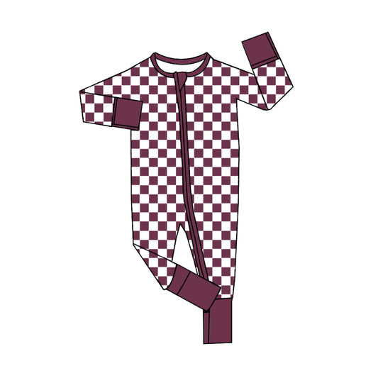 Baby Infant Girls Wine Checkered Zip Long Sleeve Rompers preorder