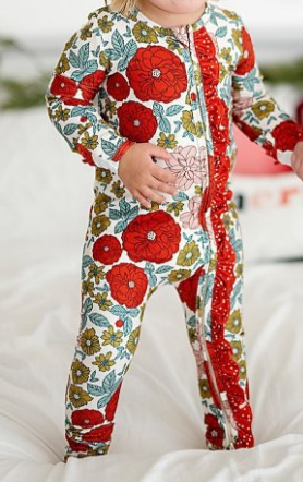 Baby Infant Girls Valentines Red Flowers Zip Long Sleeve Rompers preorder