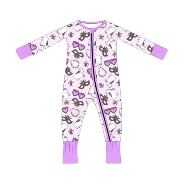 Baby Infant Girls Pink Mardi Gras Zip Long Sleeve Rompers preorder