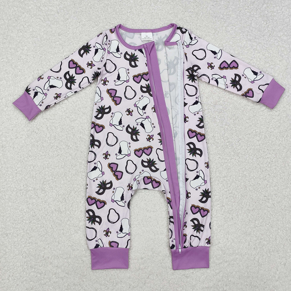 Baby Infant Girls Purple Mardi Gras Zip Long Sleeve Rompers