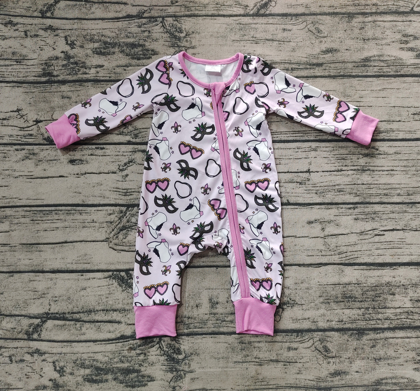 Baby Infant Girls Pink Mardi Gras Zip Long Sleeve Rompers preorder