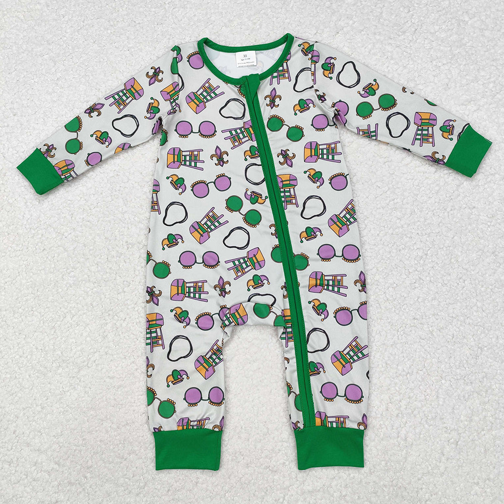 Baby Infant Boys Mardi Gras Zip Long Sleeve Rompers