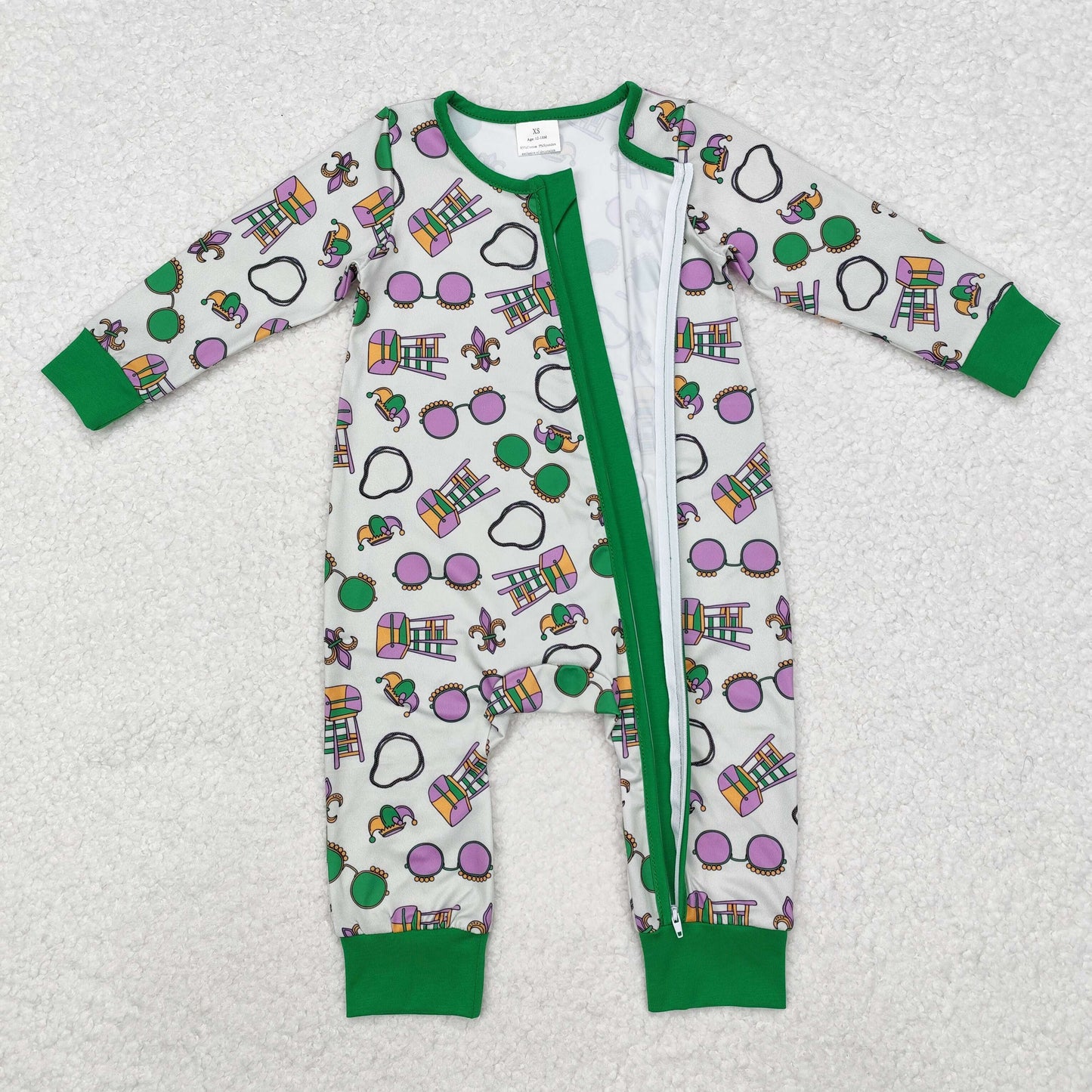 Sibling Baby Boys Girls Long Sleeves Mardigras Two Way Zip Convertible Rompers