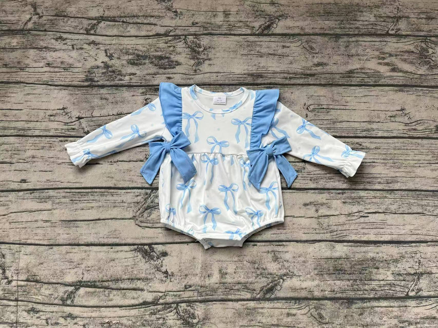 Baby Infant Girls Blue Bows Long Sleeve Rompers