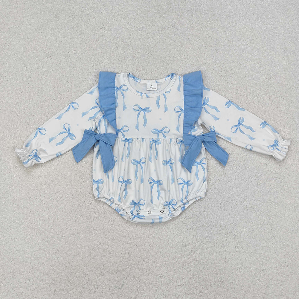 Baby Infant Girls Blue Bows Long Sleeve Rompers