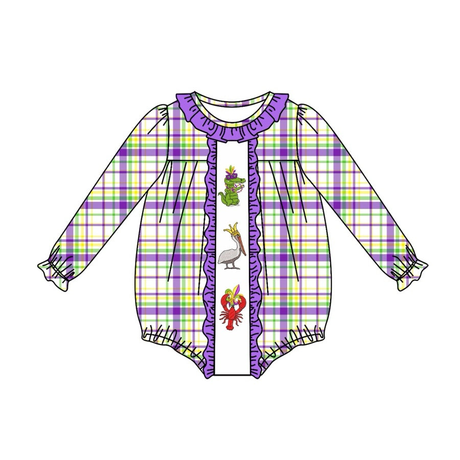 Baby Infant Girls Mardi Gras Checkered Crawfish Long Sleeve Rompers preorder