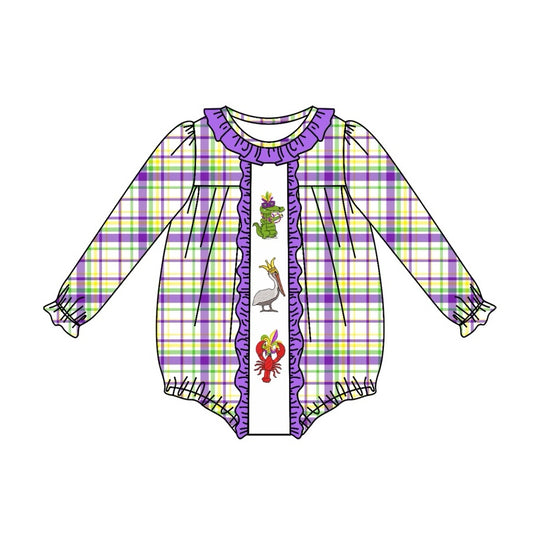 Baby Infant Girls Mardi Gras Checkered Crawfish Long Sleeve Rompers preorder