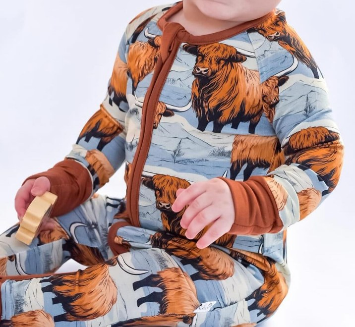 Baby Infant Boys Western Highland Cow Zip Rompers preorder