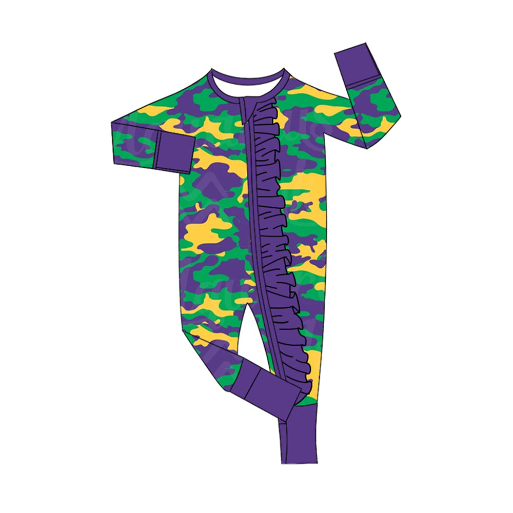 Baby Infant Girls Mardi Gras Camo Ruffle Zip Rompers preorder