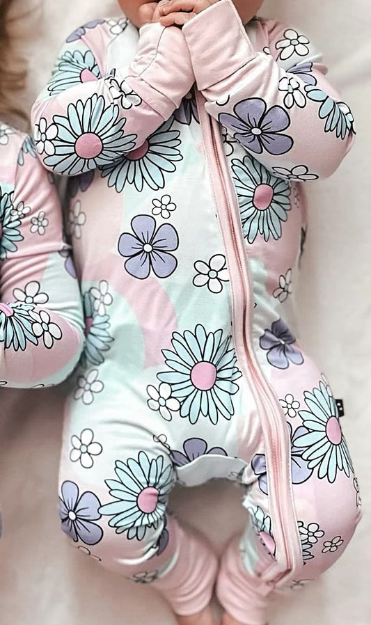 Baby Infant Girls Spring Flowers Pink Zip Rompers preorder