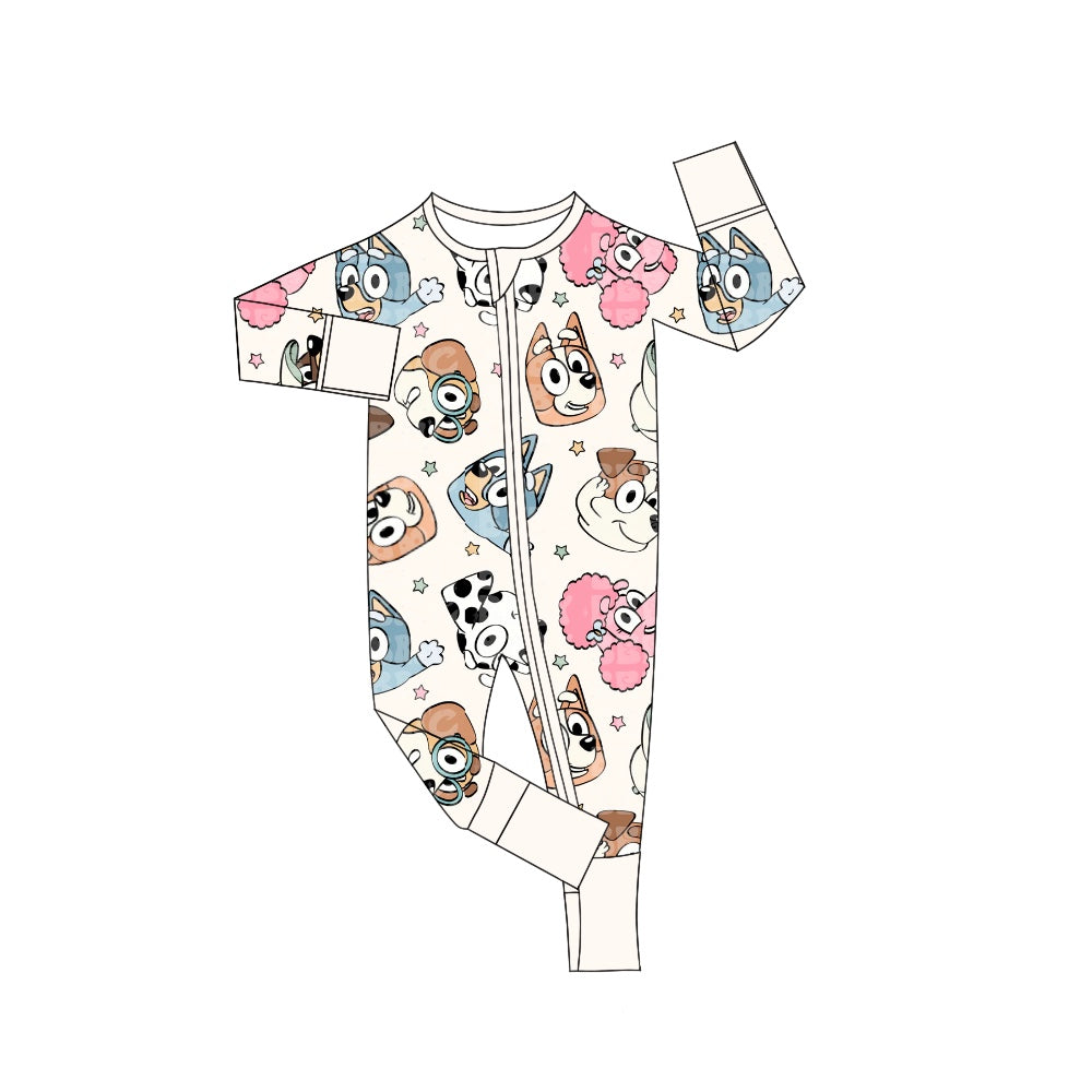 Baby Infant Boys Khaki Cute Dogs Cartoon Zip Rompers preorder