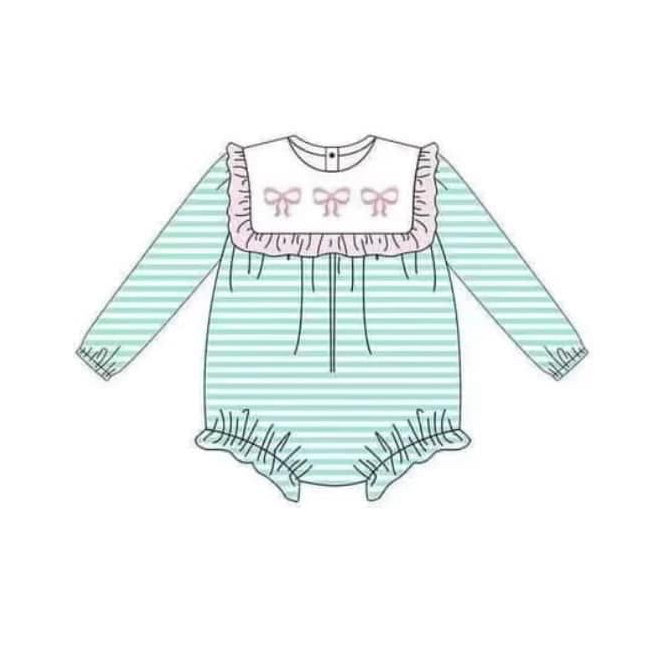 Baby Infant Girls Green Stripes Bows Ruffle Rompers preorder