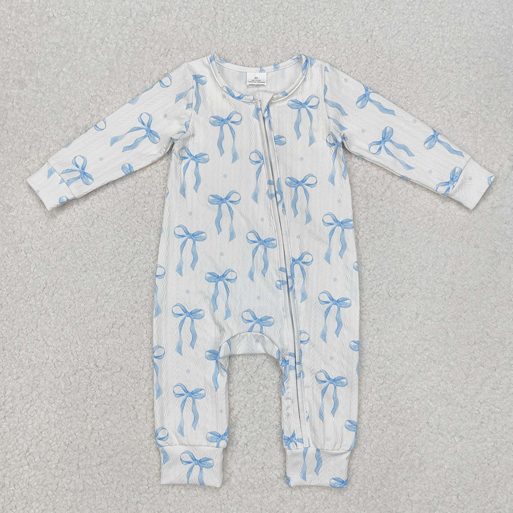 Sibling Baby Girls Blue Bows Cable Print Rompers Pajamas Suits