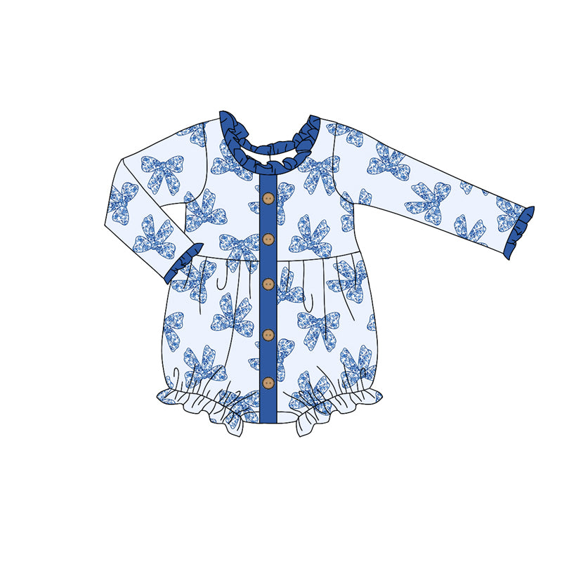 Baby Infant Girls Blue Bows Buttons Long Sleeve Rompers preorder