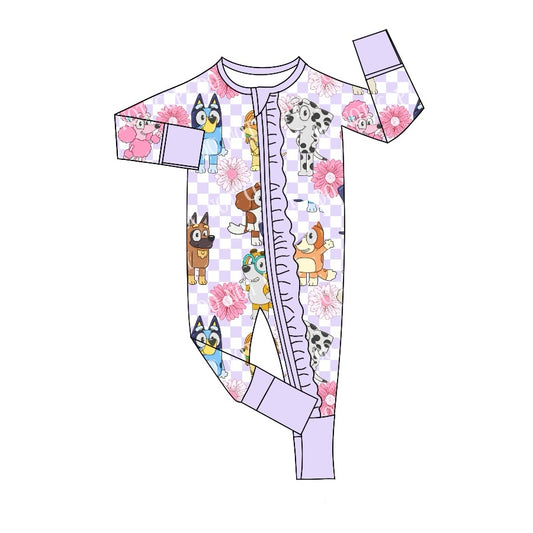 Baby Infant Girls Lavender Checkered Dogs Zip Rompers preorder